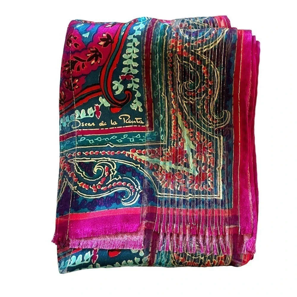 Oscar de la Renta Vintage Paisley Metallic Gold Silk Fringe Long Scarf